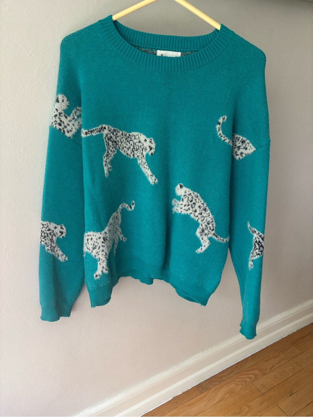 Teal Crewneck Sweater with White Leopard Motif
